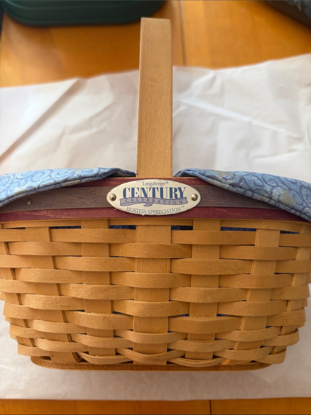 Longaberger Light Brown Woven Basket with Blue Liner